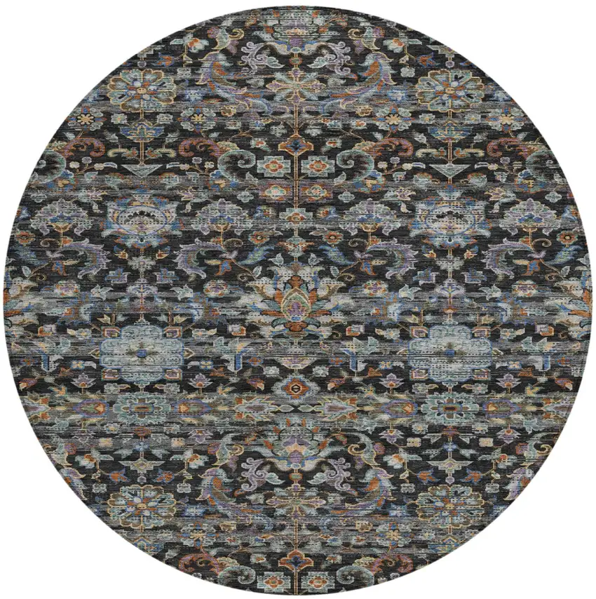 8' Black And Charcoal Round Floral Medallion Washable Indoor Outdoor Area Rug Photo 2