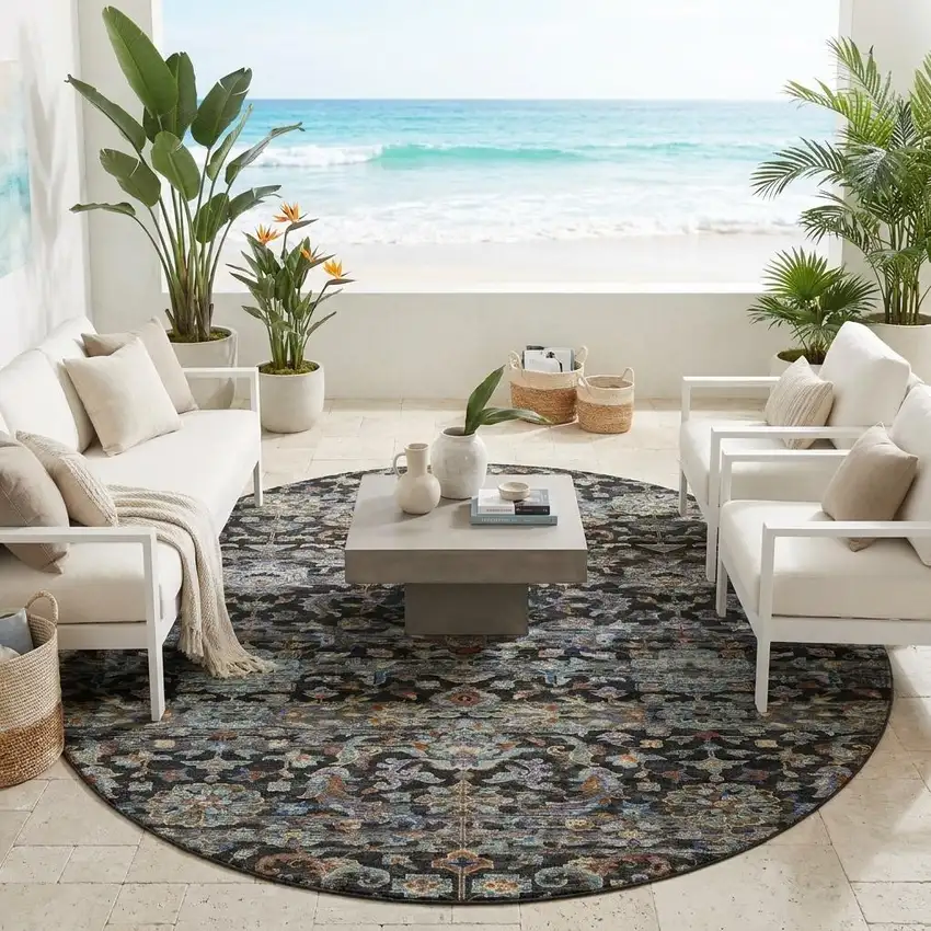 8' Black And Charcoal Round Floral Medallion Washable Indoor Outdoor Area Rug Photo 1