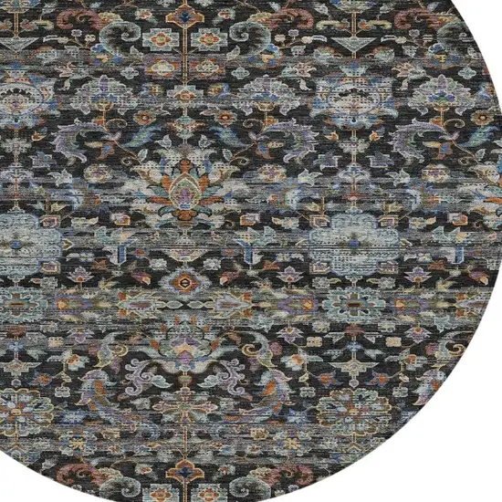 8' Black And Charcoal Round Floral Medallion Washable Indoor Outdoor Area Rug Photo 3