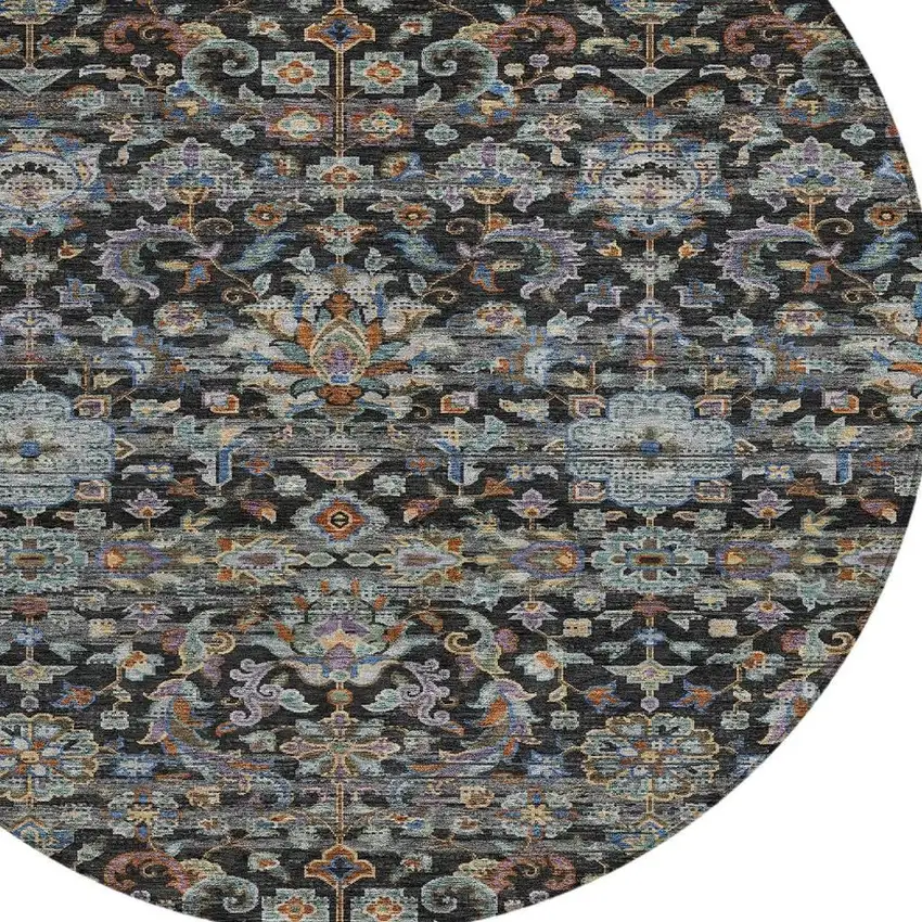 8' Black And Charcoal Round Floral Medallion Washable Indoor Outdoor Area Rug Photo 3