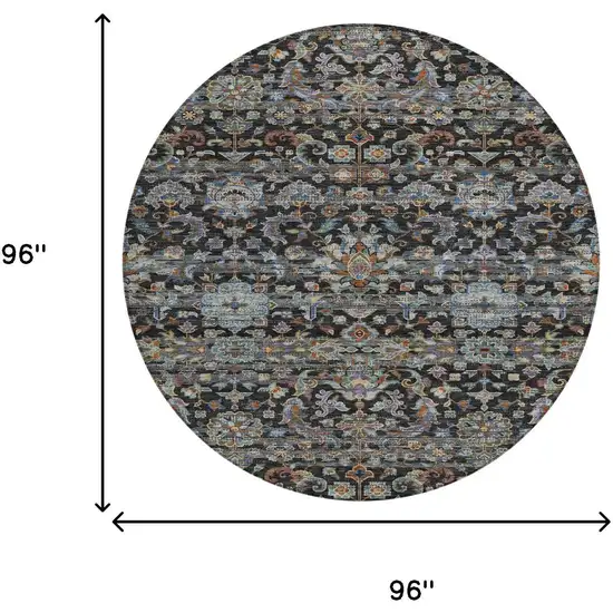 8' Black And Charcoal Round Floral Medallion Washable Indoor Outdoor Area Rug Photo 7