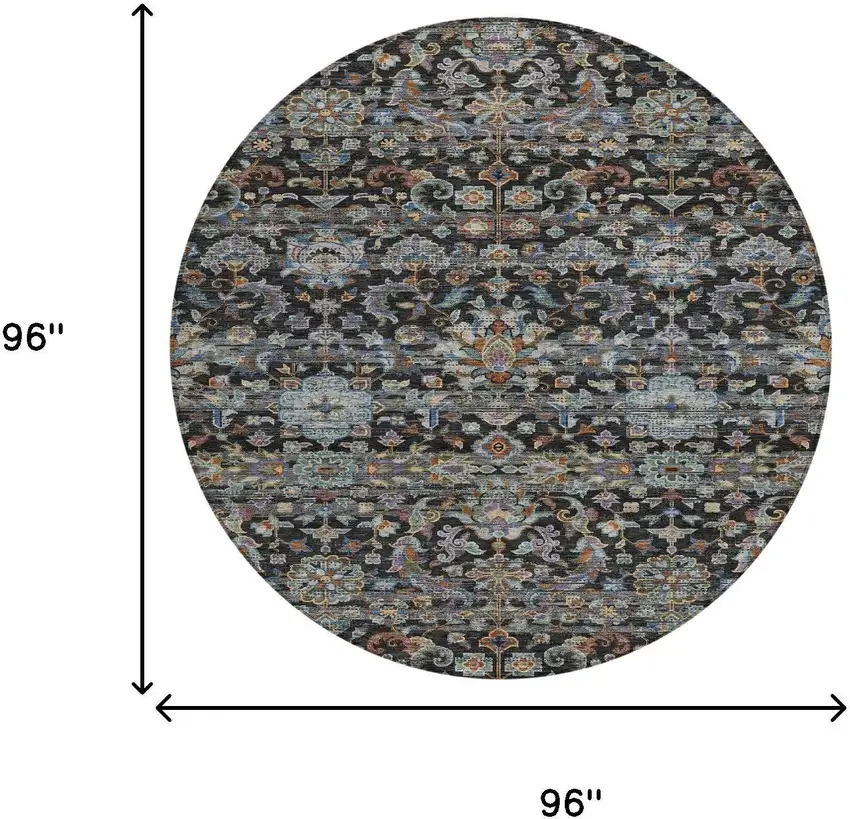 8' Black And Charcoal Round Floral Medallion Washable Indoor Outdoor Area Rug Photo 7