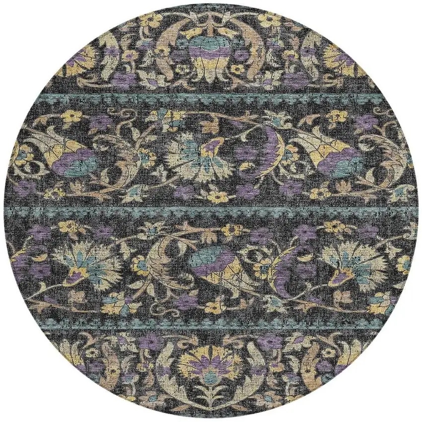 8' Black And Charcoal Round Floral Washable Indoor Outdoor Area Rug Photo 3