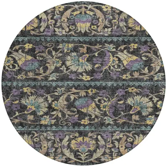 8' Black And Charcoal Round Floral Washable Indoor Outdoor Area Rug Photo 3