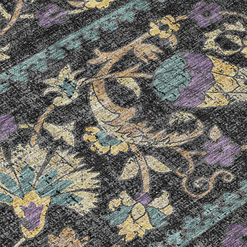 8' Black And Charcoal Round Floral Washable Indoor Outdoor Area Rug Photo 7