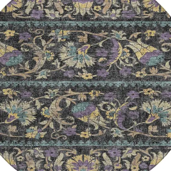 8' Black And Charcoal Round Floral Washable Indoor Outdoor Area Rug Photo 2