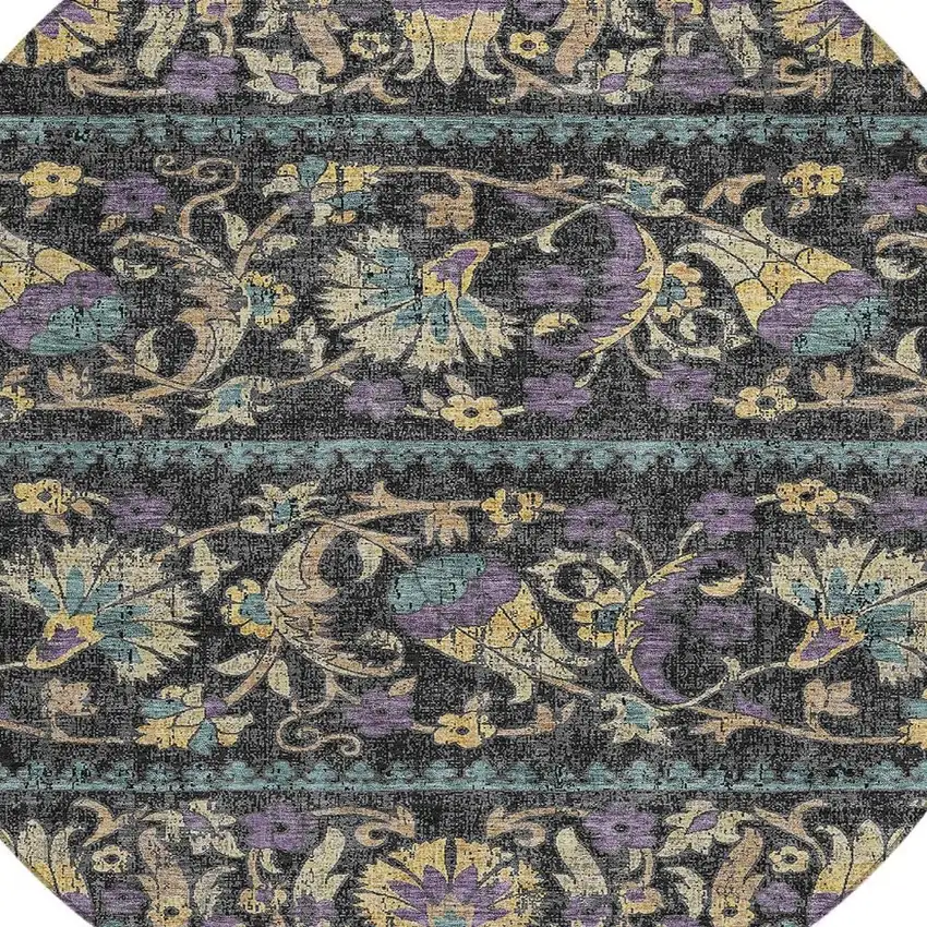 8' Black And Charcoal Round Floral Washable Indoor Outdoor Area Rug Photo 2