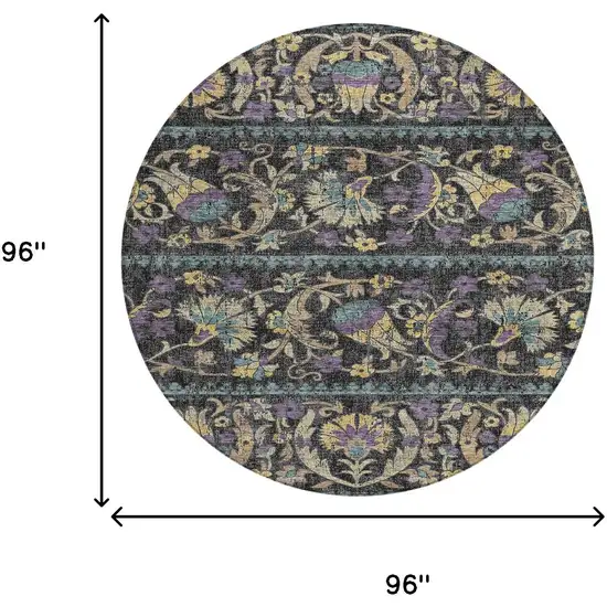 8' Black And Charcoal Round Floral Washable Indoor Outdoor Area Rug Photo 8