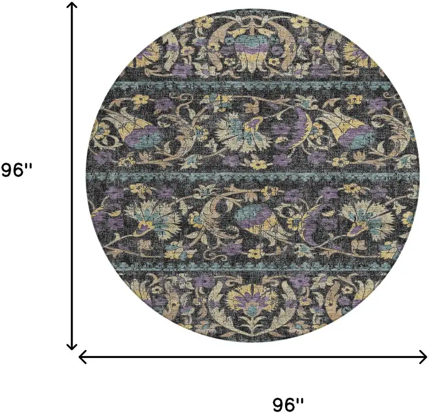 8' Black And Charcoal Round Floral Washable Indoor Outdoor Area Rug Photo 8