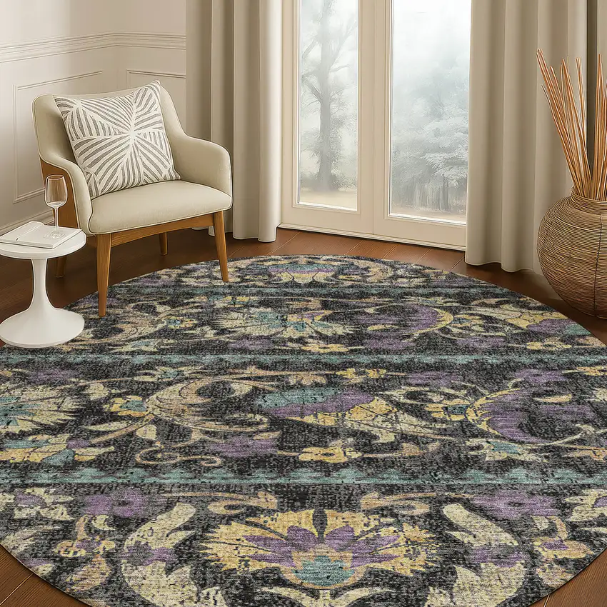 8' Black And Charcoal Round Floral Washable Indoor Outdoor Area Rug Photo 5