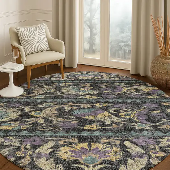 8' Black And Charcoal Round Floral Washable Indoor Outdoor Area Rug Photo 5