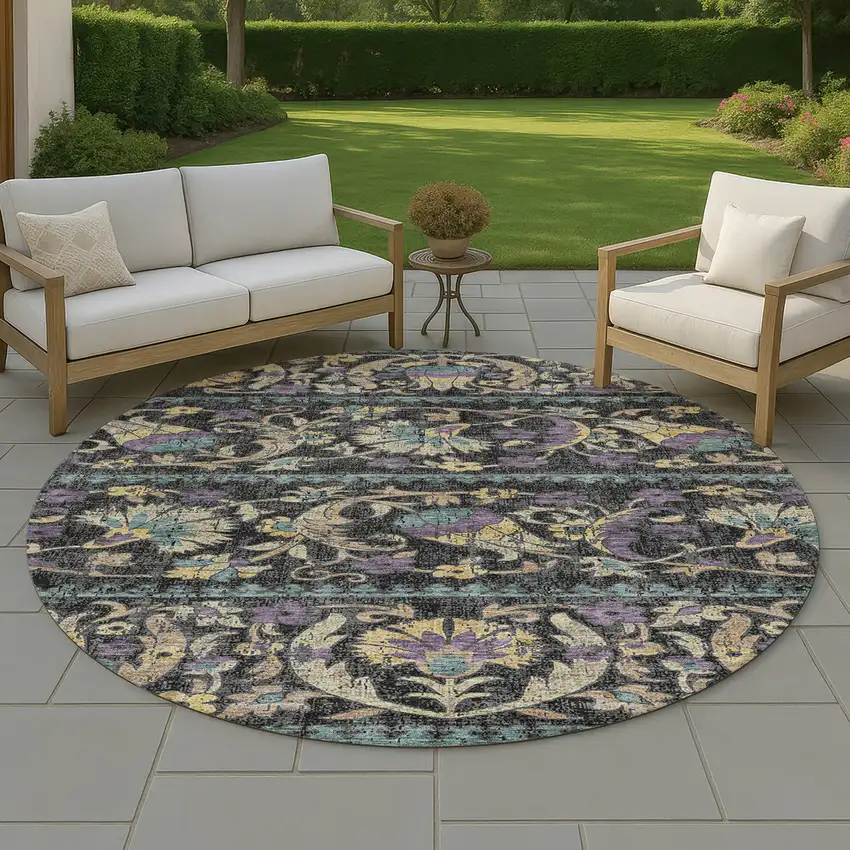 8' Black And Charcoal Round Floral Washable Indoor Outdoor Area Rug Photo 4