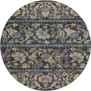 Photo of 8' Black And Charcoal Round Floral Washable Indoor Outdoor Area Rug