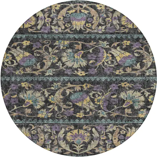 8' Black And Charcoal Round Floral Washable Indoor Outdoor Area Rug Photo 1