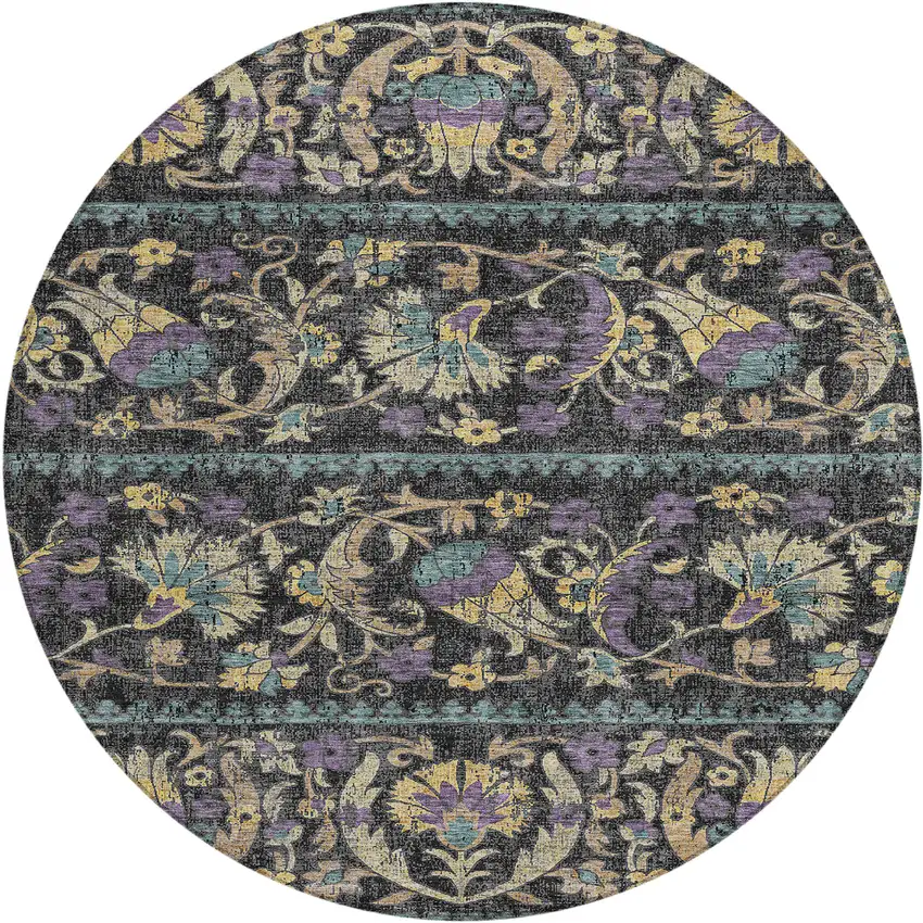 8' Black And Charcoal Round Floral Washable Indoor Outdoor Area Rug Photo 1