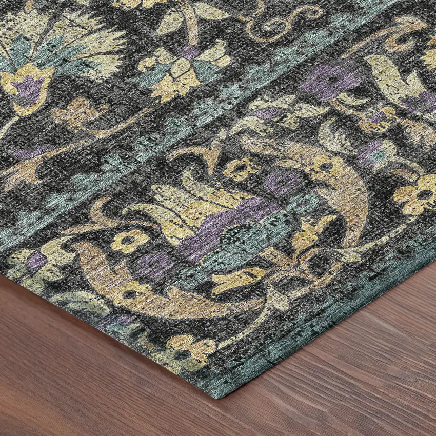 8' Black And Charcoal Round Floral Washable Indoor Outdoor Area Rug Photo 6