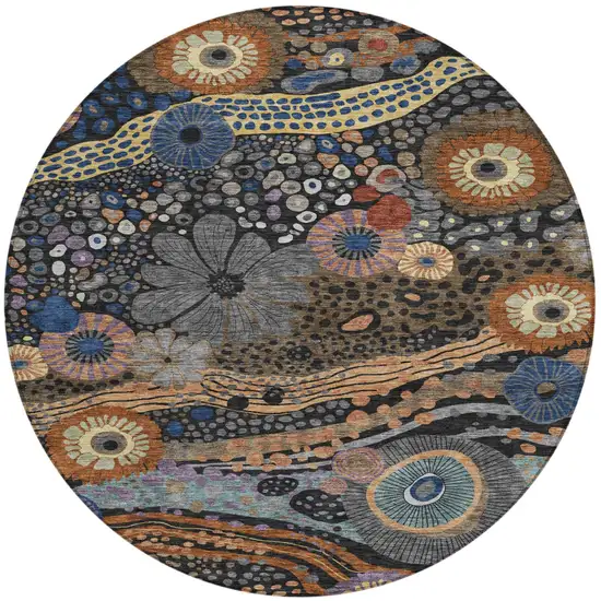 8' Black And Charcoal Round Floral Washable Indoor Outdoor Area Rug Photo 2