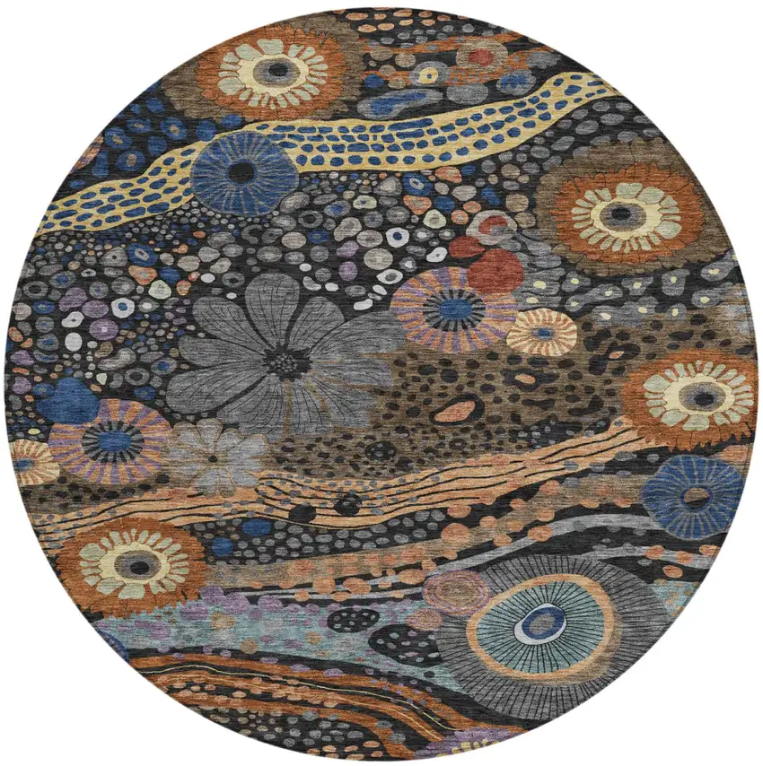 8' Black And Charcoal Round Floral Washable Indoor Outdoor Area Rug Photo 2