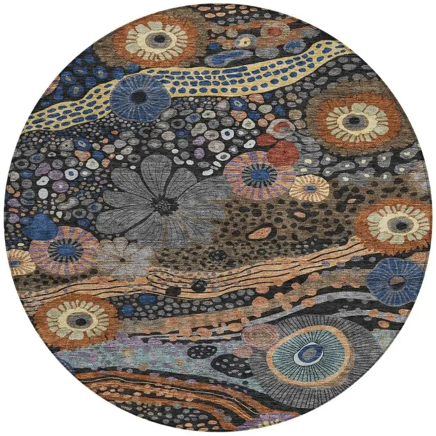 8' Black And Charcoal Round Floral Washable Indoor Outdoor Area Rug Photo 3