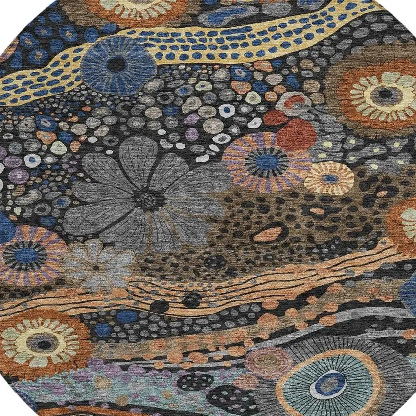 8' Black And Charcoal Round Floral Washable Indoor Outdoor Area Rug Photo 4