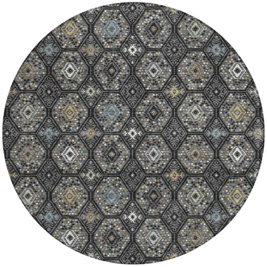8' Black And Charcoal Round Geometric Washable Indoor Outdoor Area Rug Photo 3