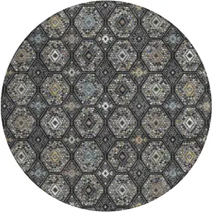 Photo of 8' Black And Charcoal Round Geometric Washable Indoor Outdoor Area Rug