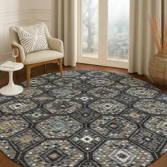 8' Black And Charcoal Round Geometric Washable Indoor Outdoor Area Rug Photo 5