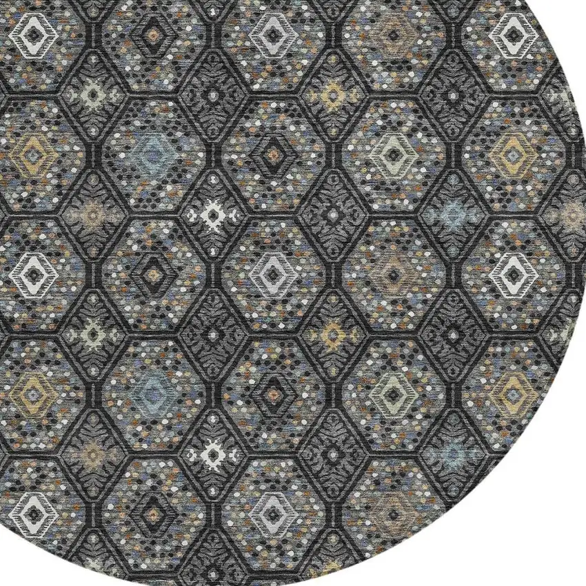 8' Black And Charcoal Round Geometric Washable Indoor Outdoor Area Rug Photo 2