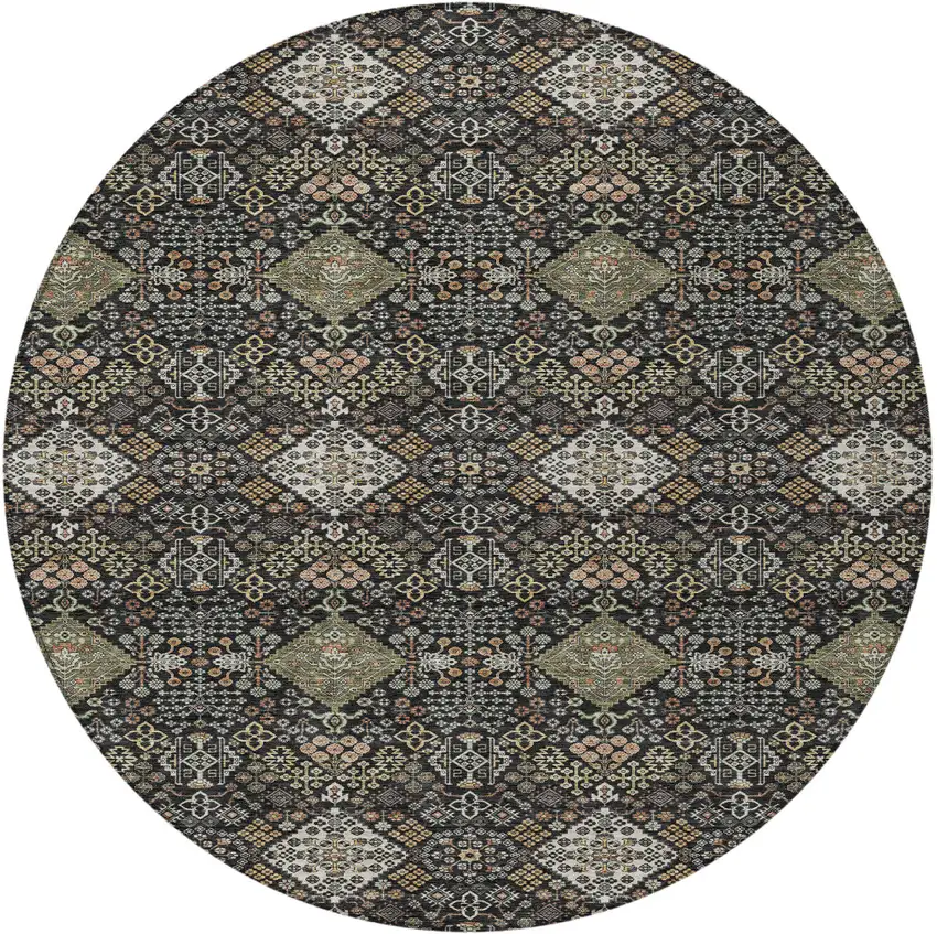 8' Black And Charcoal Round Geometric Washable Indoor Outdoor Area Rug Photo 3