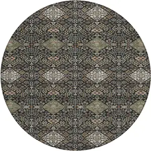 Photo of 8' Black And Charcoal Round Geometric Washable Indoor Outdoor Area Rug