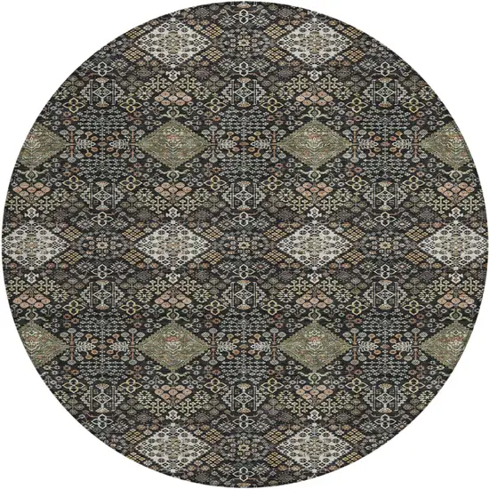 8' Black And Charcoal Round Geometric Washable Indoor Outdoor Area Rug Photo 1