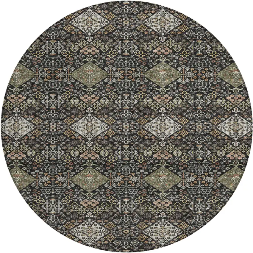 8' Black And Charcoal Round Geometric Washable Indoor Outdoor Area Rug Photo 1