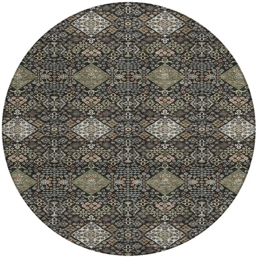8' Black And Charcoal Round Geometric Washable Indoor Outdoor Area Rug Photo 2