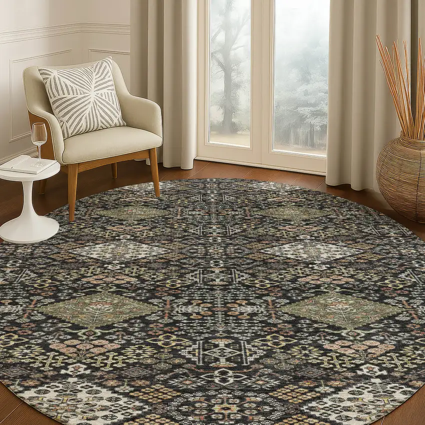 8' Black And Charcoal Round Geometric Washable Indoor Outdoor Area Rug Photo 5