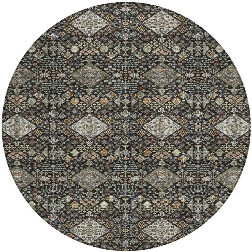 8' Black And Charcoal Round Geometric Washable Indoor Outdoor Area Rug Photo 3
