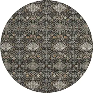 Photo of 8' Black And Charcoal Round Geometric Washable Indoor Outdoor Area Rug