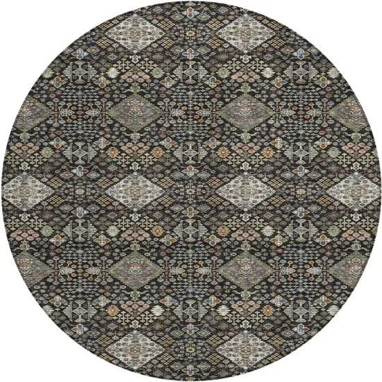 8' Black And Charcoal Round Geometric Washable Indoor Outdoor Area Rug Photo 1