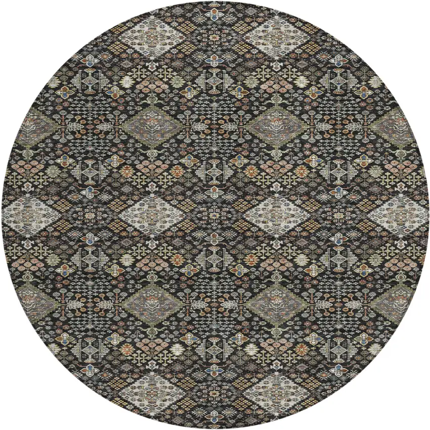 8' Black And Charcoal Round Geometric Washable Indoor Outdoor Area Rug Photo 1