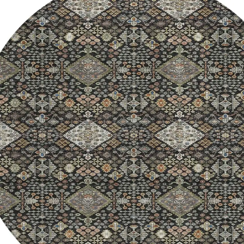 8' Black And Charcoal Round Geometric Washable Indoor Outdoor Area Rug Photo 2