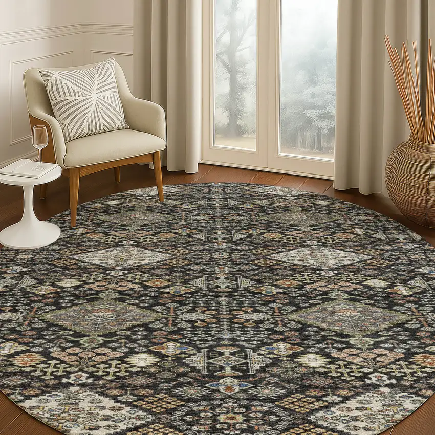 8' Black And Charcoal Round Geometric Washable Indoor Outdoor Area Rug Photo 5