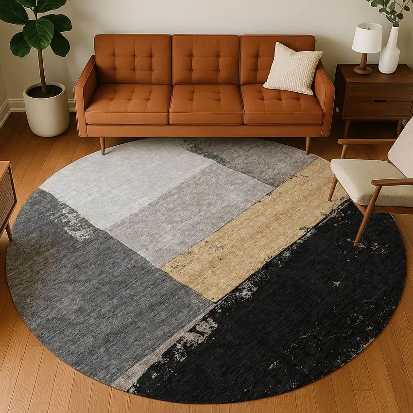 8' Black And Charcoal Round Geometric Washable Indoor Outdoor Area Rug Photo 5