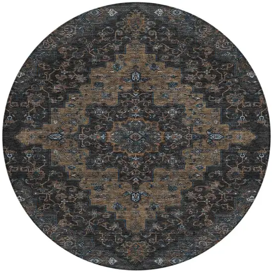 8' Black And Chocolate Round Medallion Washable Indoor Outdoor Area Rug Photo 4