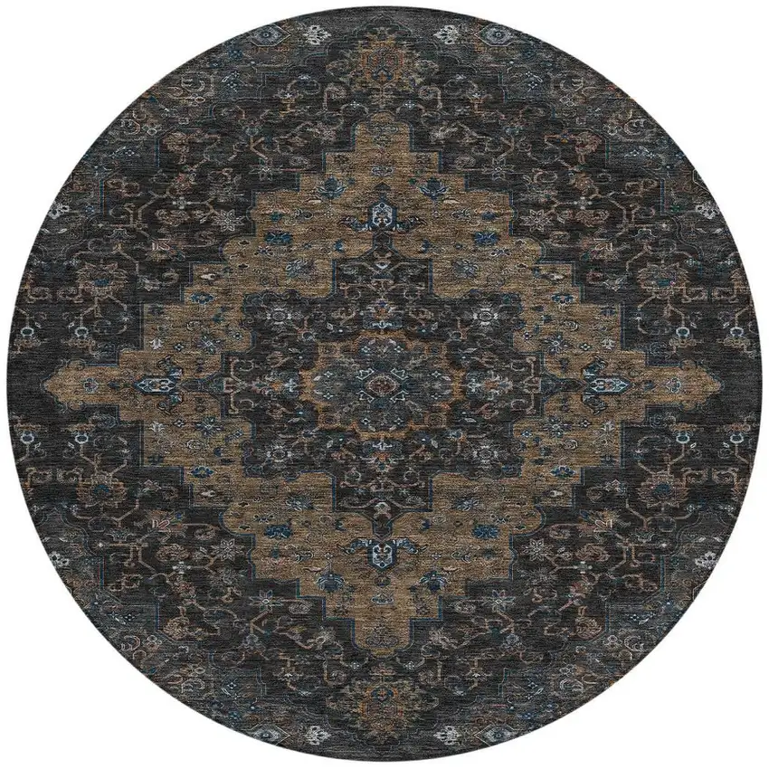8' Black And Chocolate Round Medallion Washable Indoor Outdoor Area Rug Photo 4