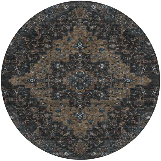 8' Black And Chocolate Round Medallion Washable Indoor Outdoor Area Rug Photo 2