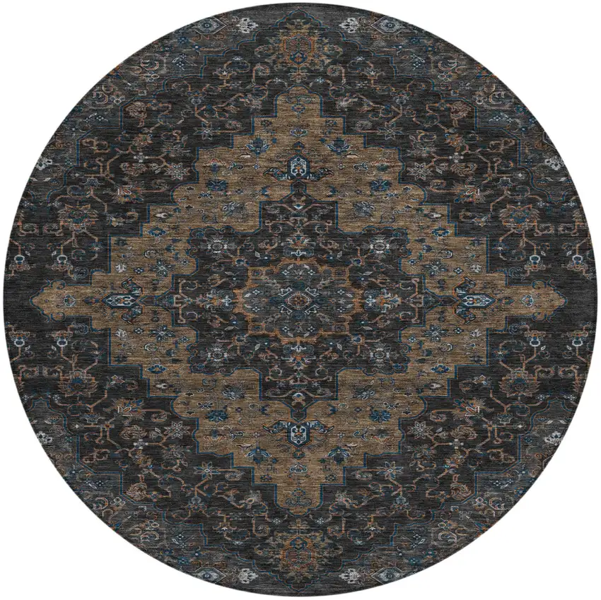 8' Black And Chocolate Round Medallion Washable Indoor Outdoor Area Rug Photo 2