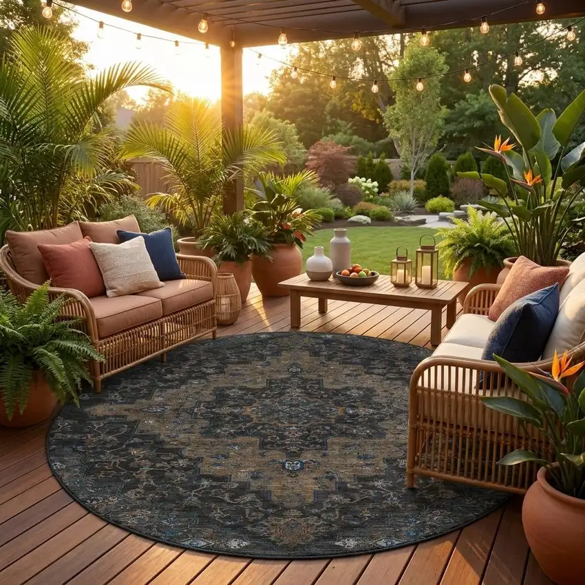 8' Black And Chocolate Round Medallion Washable Indoor Outdoor Area Rug Photo 1