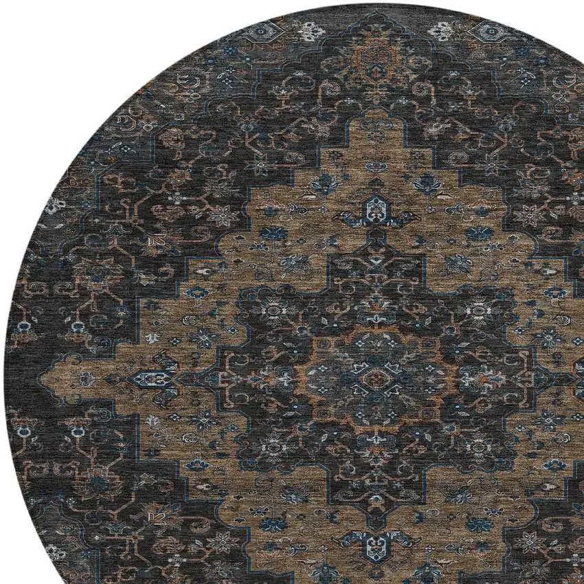 8' Black And Chocolate Round Medallion Washable Indoor Outdoor Area Rug Photo 3