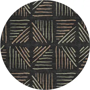 Photo of 8' Black And Copper Round Geometric Washable Indoor Outdoor Area Rug