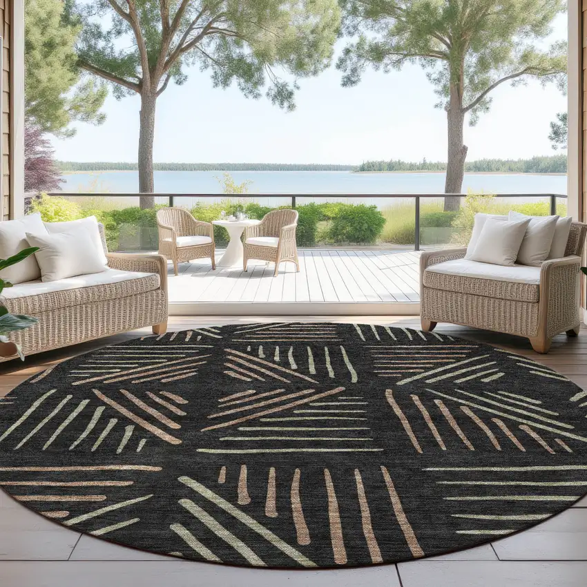 8' Black And Copper Round Geometric Washable Indoor Outdoor Area Rug Photo 4