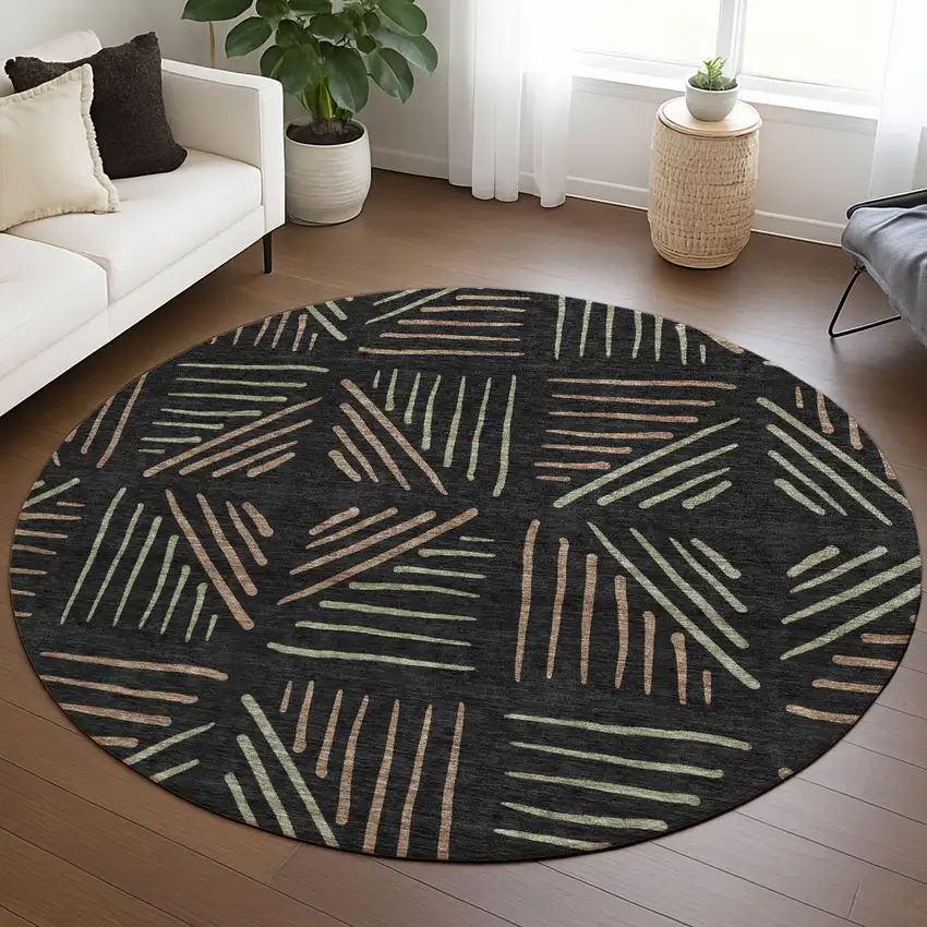 8' Black And Copper Round Geometric Washable Indoor Outdoor Area Rug Photo 5